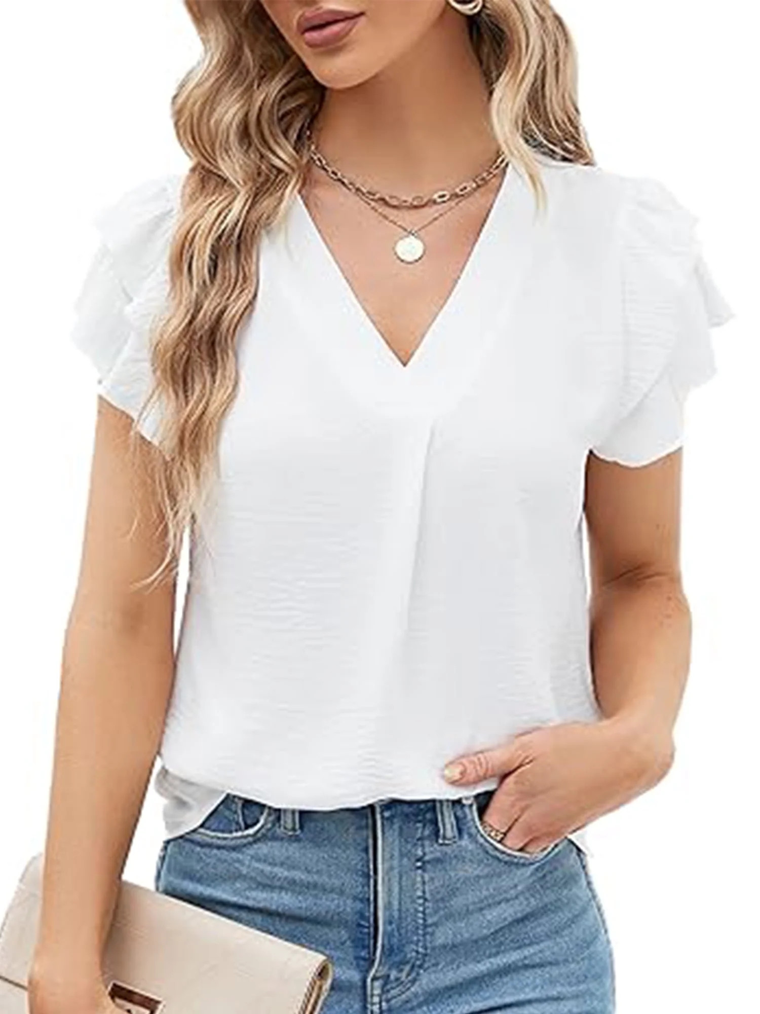 VDJ Womens Dressy Tops Casual Shirts Petal Short Sleeve V Neck Business Blouse White Tunic Tops L... | Walmart (US)