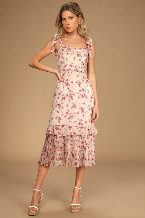 Terrace Views Taupe Floral Print Tiered Midi Dress | Lulus (US)