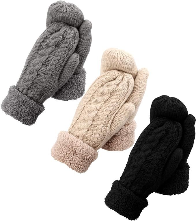3 Pairs Winter Mitten Gloves For Women, Warm Knit Thick Gloves With Thick Fleece Lining Gift | Amazon (US)