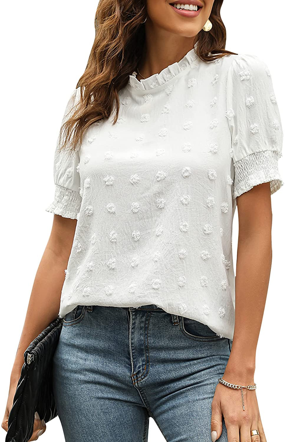 Blooming Jelly Womens Puff Sleeve Tops Mock Neck Chiffon Blouses Swiss Dot Dressy Casual Summer S... | Amazon (US)