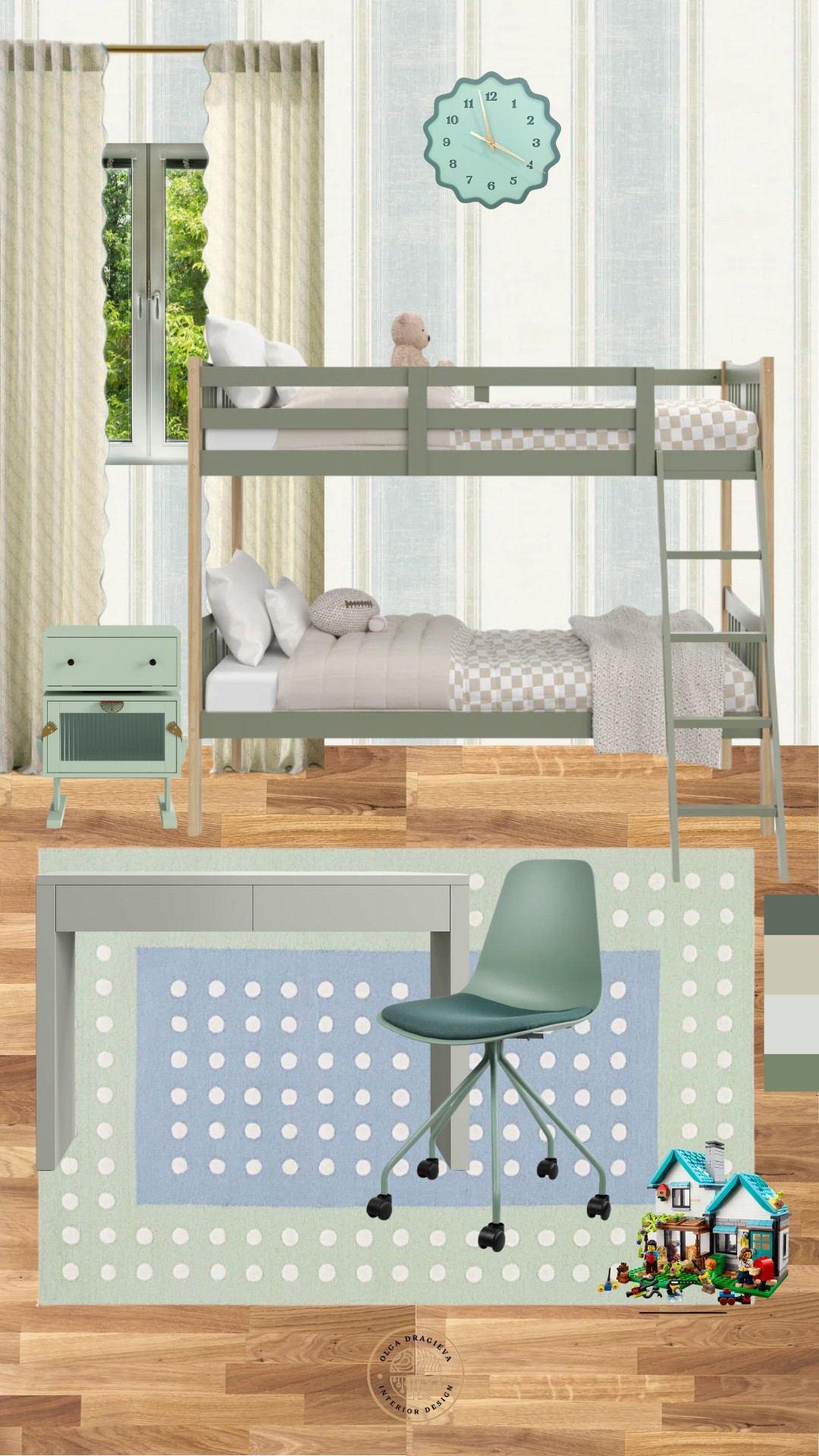 Cute sage green bunk room! I love this robot nightstand from Wayfair! How cool is that?! Wool rug with dots, green office chair and sage green desk. #homedecor #kidsroom #kidsbedroom 

#LTKFamily #LTKKids #LTKHome