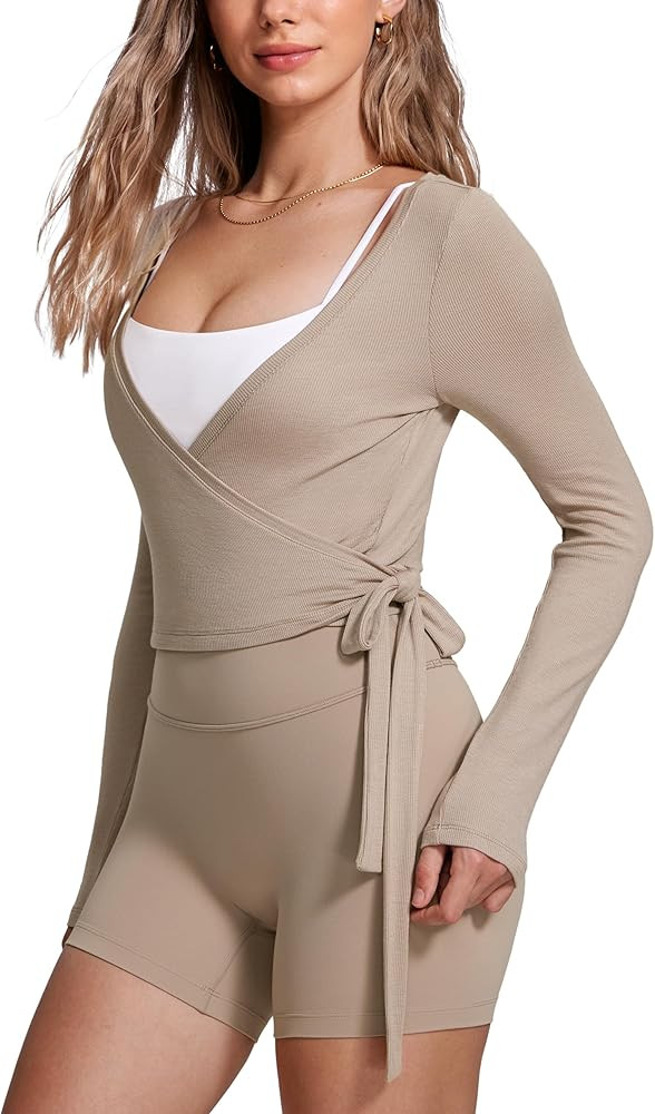 Womens V-Neck Long Sleeve Cross Wrap Top Slim Fit Soft Knit Layering Shirt Casual Yoga Gym Bandag... | Amazon (US)