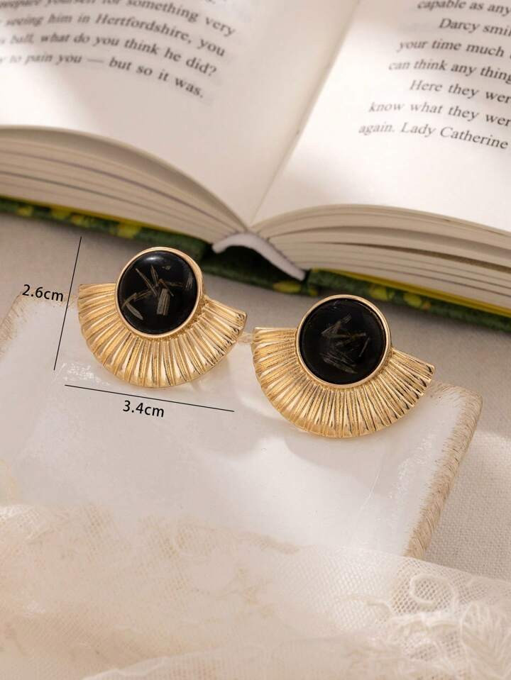 1pair French Vintage Elegant Style Women's Earrings - Black Agate Fan Shaped, Industrial Design -... | SHEIN