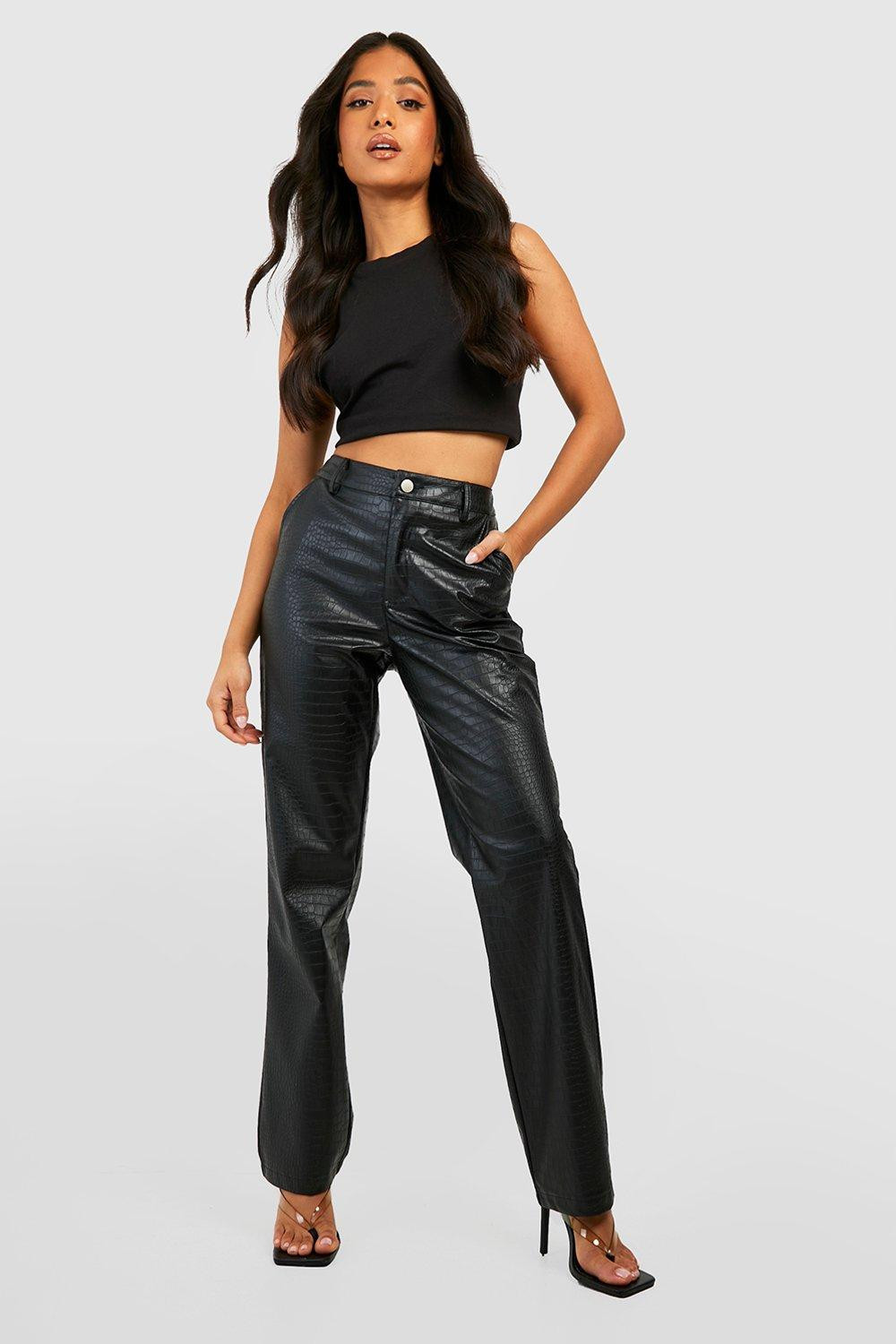 Womens Petite Pu Croc Tapered Pants - Black - 12 | Boohoo.com (US & CA)