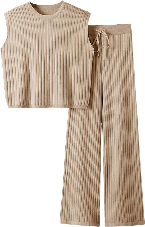 Dqbeng Women's 2 Piece Outfits Sweater Sets Knit Sleeveless Pullover Tops High Waist Pants Lounge... | Amazon (US)
