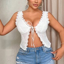 White Summer Holiday Resort Beach Wear Cute Sexy Lace Cropped Womens Embroider Lace Tie Front Tank Top For Summer Beach Vacation | SHEIN