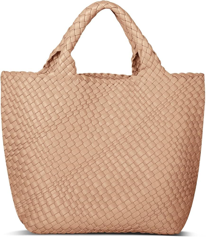 Womens Vegan Leather Woven Bag with Purse, Fashion Handmade Beach Tote Bag Top-handle Handbag | Amazon (US)