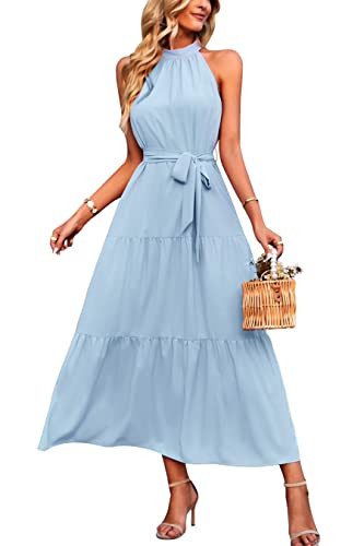 PRETTYGARDEN Women's Summer Maxi Sun Dress Sleeveless Halter Neck Flowy Ruffle Hem Long Boho Dresses with Belt (Solid Light Blue,Large) | Amazon (US)