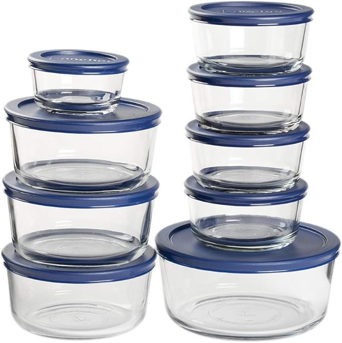 Anchor Hocking Glass Food Storage Containers with Navy SnugFit Lids (18-piece, round, BPA and lea... | Amazon (US)
