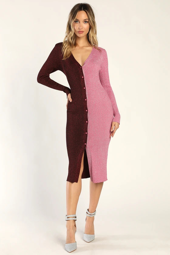 Extra Gorgeous Shiny Burgundy & Pink Color Block Sweater Dress | Lulus (US)