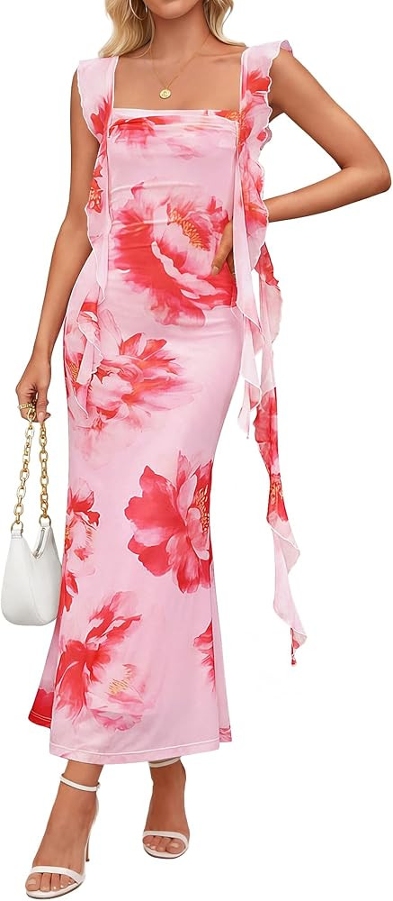 ZESICA Women's Summer Floral Maxi Dress 2026 Boho Sleeveless Square Neck Bodycon Mesh Wedding Guest Vacation Dresses | Amazon (US)