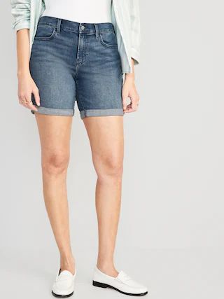 Mid-Rise Roll-Cuffed Jean Shorts for Women -- 7-inch inseam | Old Navy (US)