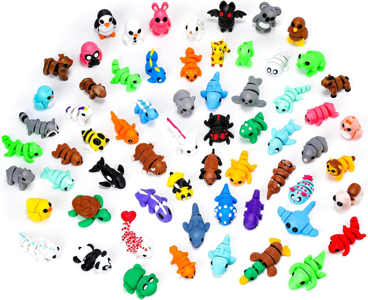 VZZNN 64pcs Mini 3D Printed Animals Bulk, 3D Printed Articulated Flexible Fidget Toy, Cute Little Animal Figurines Toy for Kids and Adults, Office, Desk, Party Favors, Decor | Amazon (US)