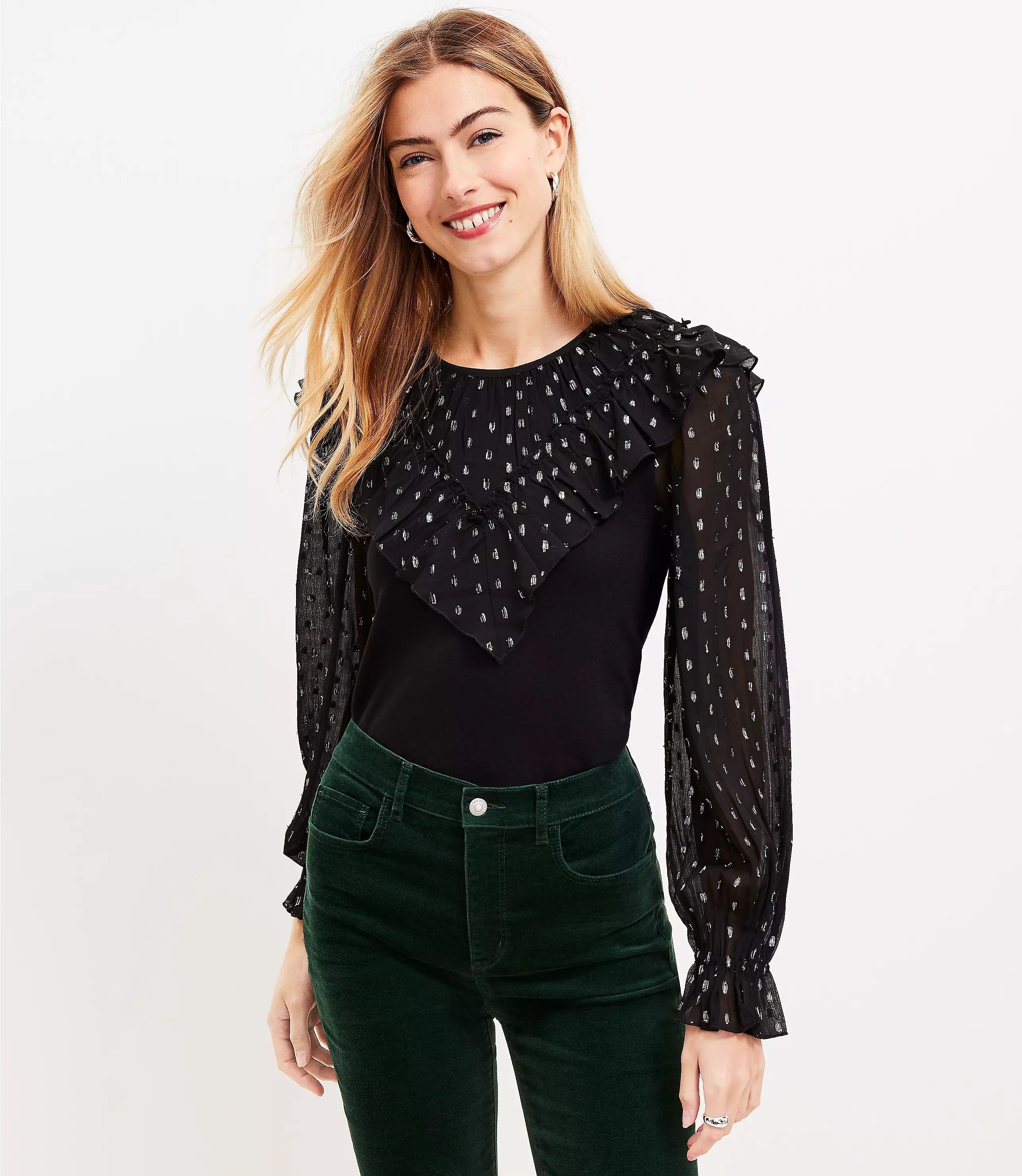 Shimmer Dotted Ruffle Yoke Mixed Media Top | LOFT