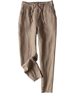 IXIMO Women's Tapered Pants 100% Linen Drawstring Back Elastic Waist Ankle Length Pants | Amazon (US)