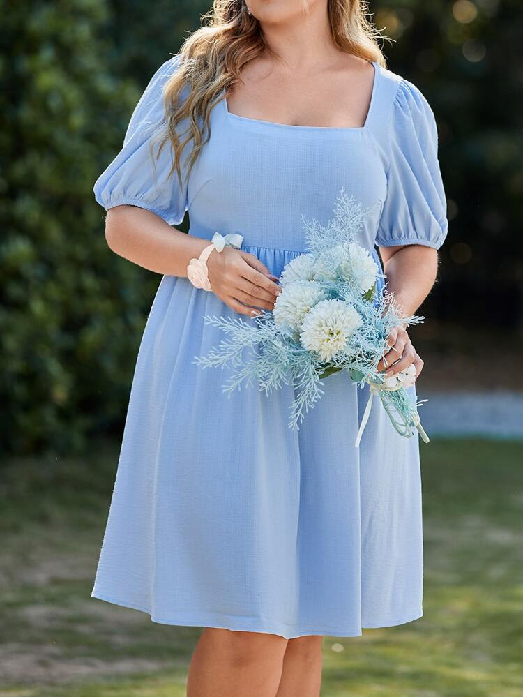 SHEIN Plus Square Neck Puff Sleeve Dress | SHEIN