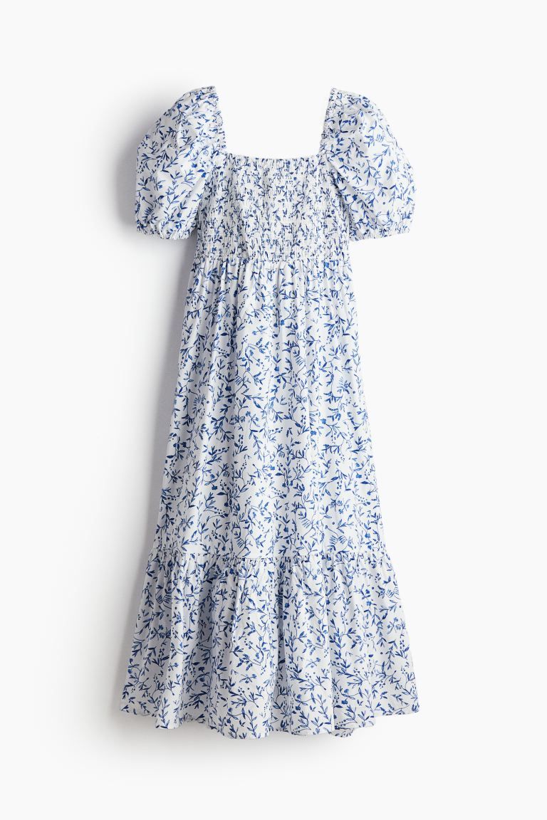 MAMA Poplin Nursing Dress - Square Neckline - Short sleeve - White/blue floral - Ladies | H&M US | H&M (US + CA)