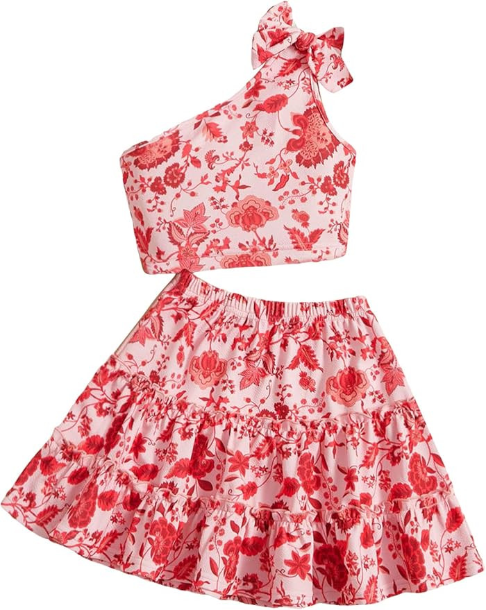 Floerns Girl's 2 Piece Outfit Floral Knot One Shoulder Tank Top with Skirt Set | Amazon (US)