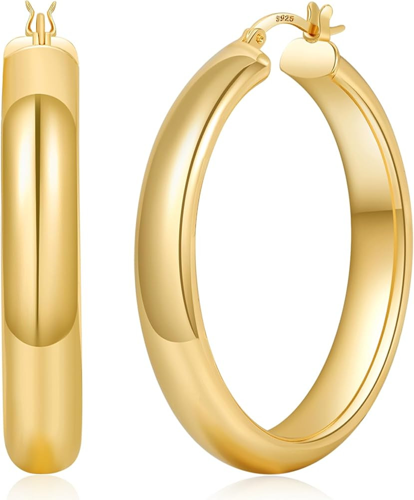 8mm Wide Chunky Gold Hoops 14K Real Gold Plated Hypoallergenic 925 Sterling Silver Hoops Lightwei... | Amazon (US)