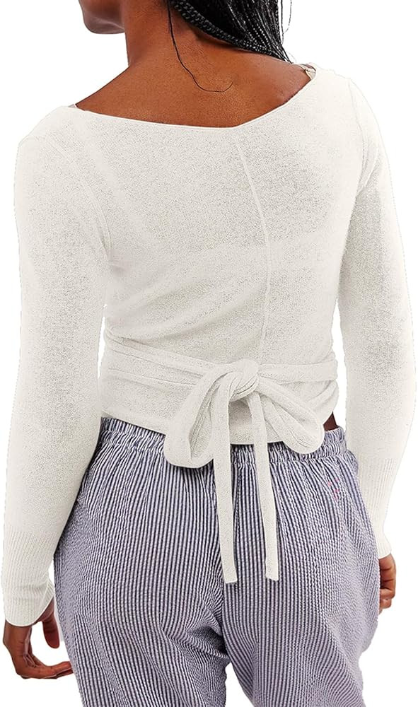 Womens Wool Tie Front Tops Crop Top Solid Long Sleeve Solid V-Neck Lightweight Crochet Cardigan C... | Amazon (US)