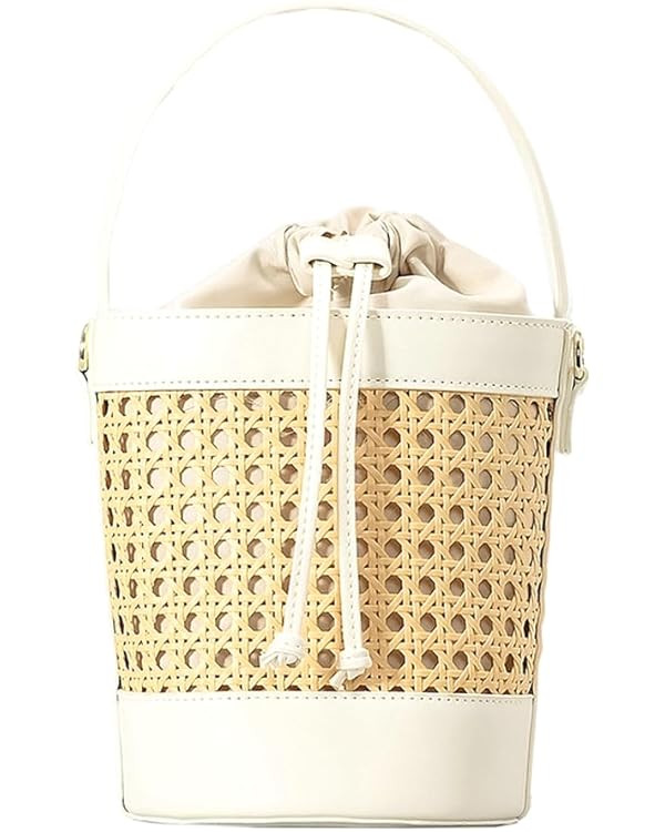 Woven Rattan Bag for Women Perforated PU Leather Bucket Bag Summer Top-handle Drawstring Handbag ... | Amazon (US)
