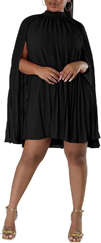 Aro Lora Womens Casual Elegant Chiffon High Neck Cape Sleeve Pleated Loose A Line Mini Dress | Amazon (US)