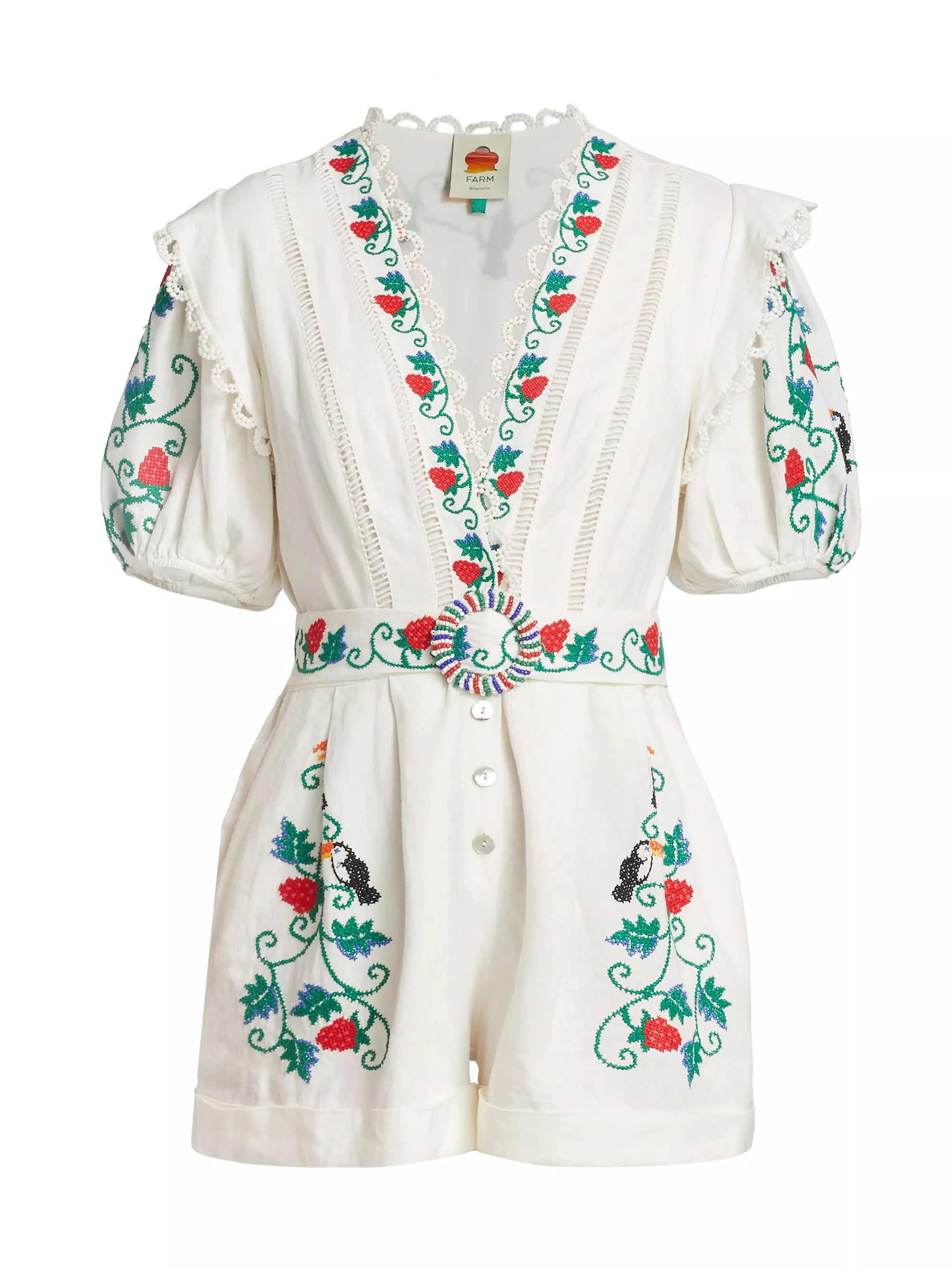 Shop Farm Rio Embroidered Belted Romper | Saks Fifth Avenue | Saks Fifth Avenue