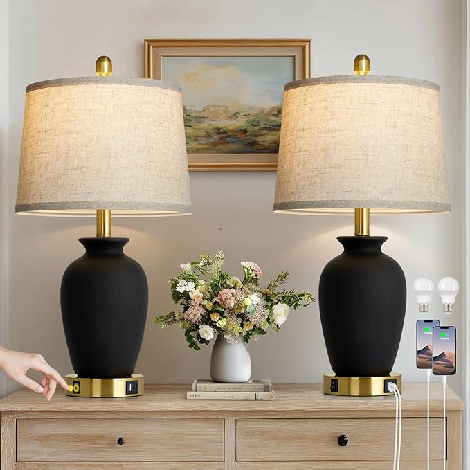23" Set of 2 Black Ceramic Farmhouse Table Lamp with Ginger Jar Design, Bedside USB Lamps for Liv... | Amazon (US)