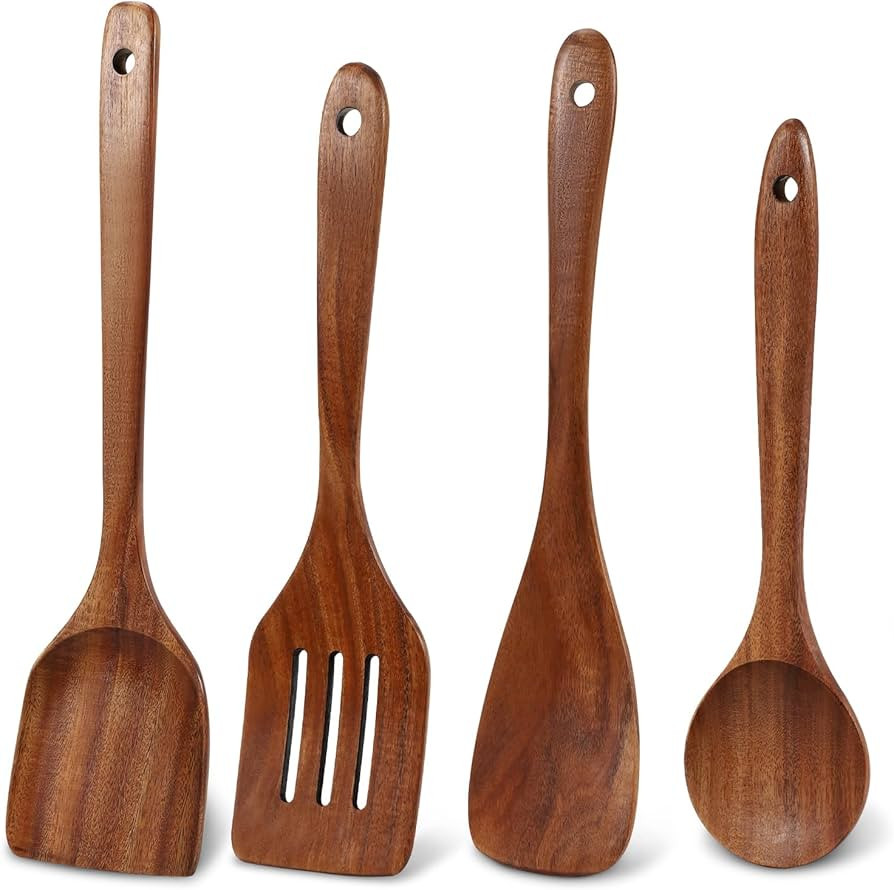 4 Pack Wooden Spatula Set, Teakwood Wooden Spatula for Cooking, Long Handle Wood Cooking Utensils... | Amazon (US)