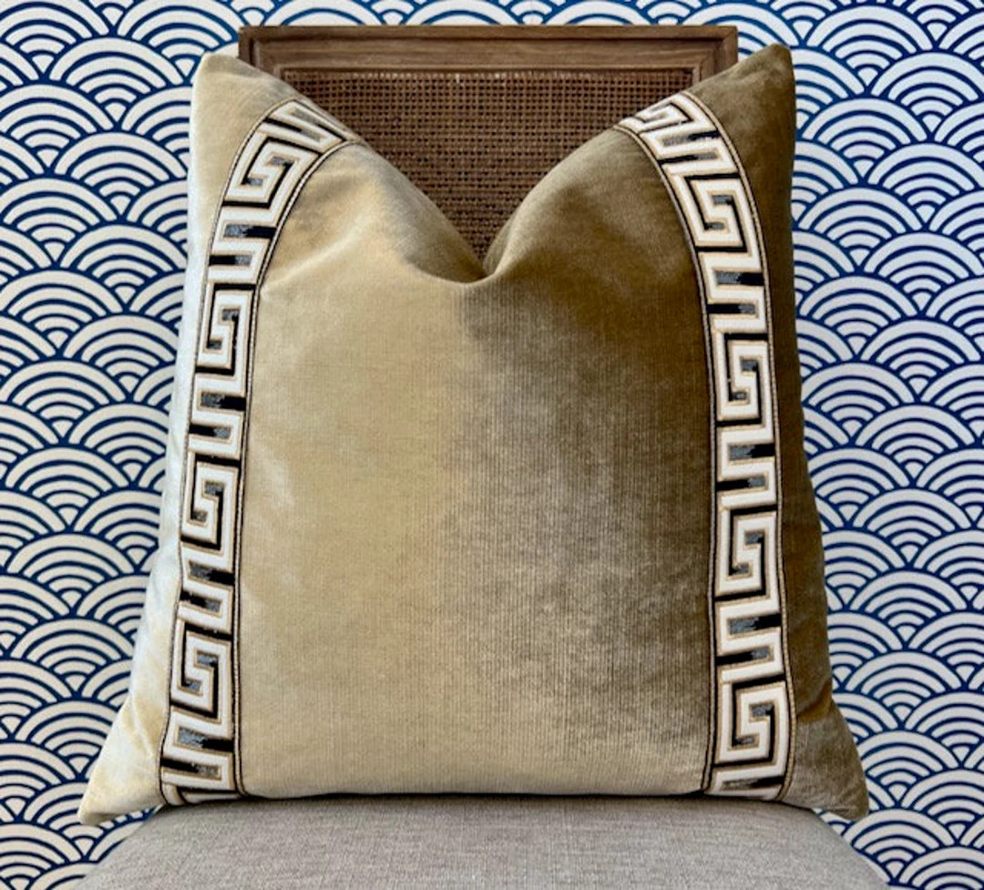 Designer Velvet Pillow in Luminous Beige with Greek Key Trim. High End Pillows, Velvet Lumbar Pil... | Etsy (US)