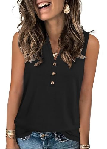 XMTOPYE Black Tank Top Woman V Neck Sleeveless Tops Button Shirts Business Casual Outfits for Women | Amazon (US)