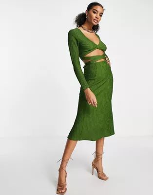 ASOS DESIGN long sleeve cut out waist midi dress in dark green | ASOS (Global)