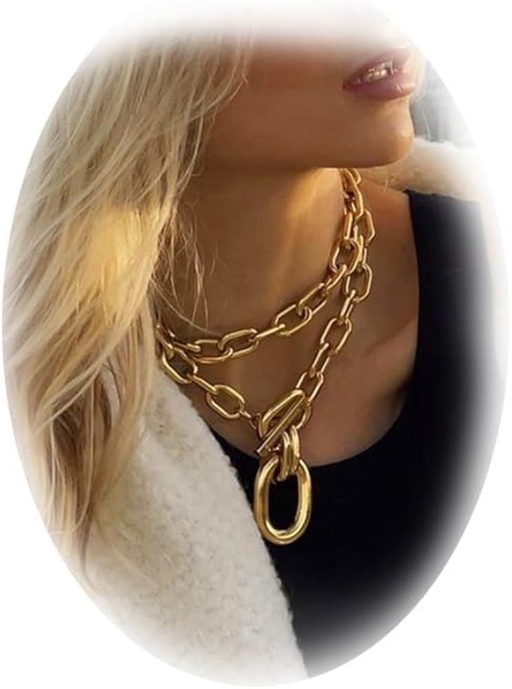 Layered Chunky Necklace for Women Gold Statement Necklace Cuban Link Chain Necklace Punk Hip-hop ... | Amazon (US)