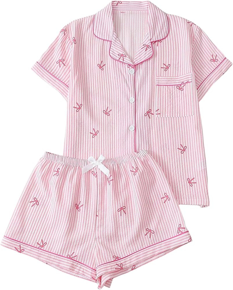 WDIRARA Women's Striped Bow Print Pajama Set Short Sleeve Button Down Shorts Pjs Sleepwear | Amazon (US)