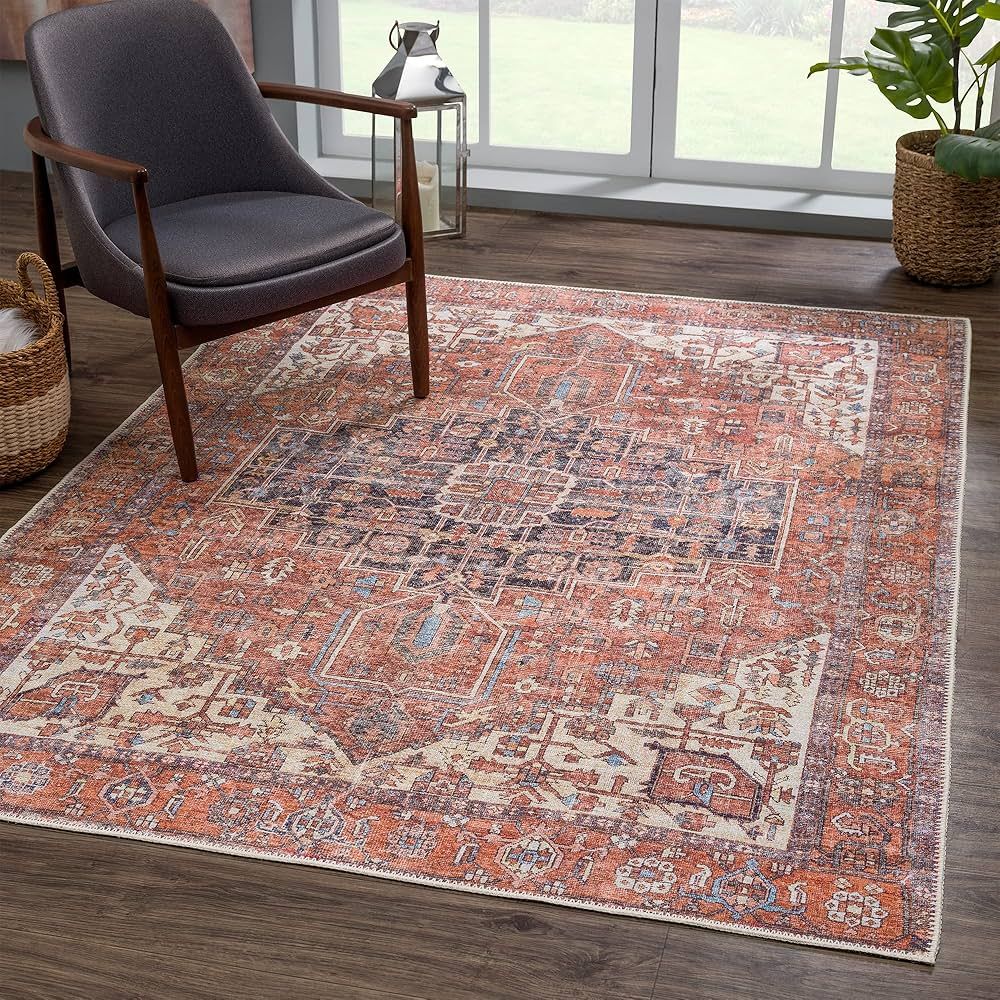 Bloom Rugs Washable 4x6 Rug - Red/Orange/Beige Traditional, Distressed Area Rug for Living Room, ... | Amazon (US)