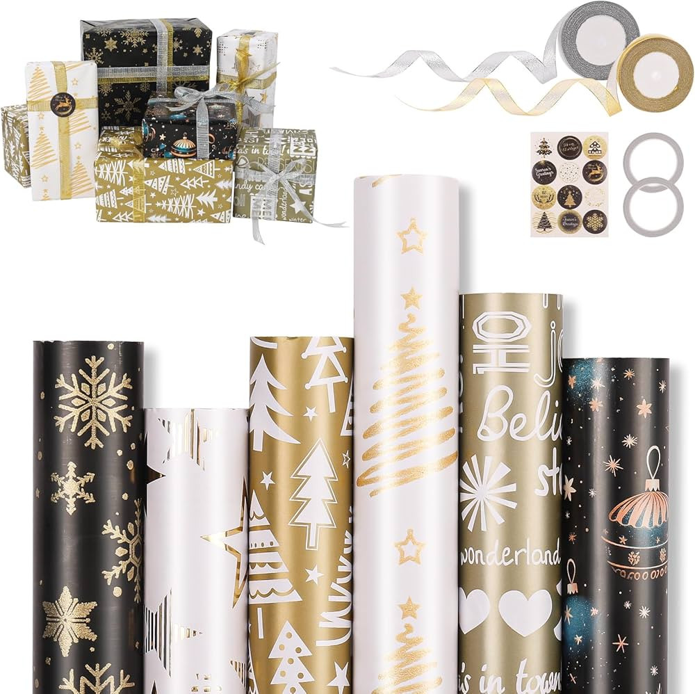 6 Rollen Geschenkpapier Weihnachten, Ambesty 43 x 300cm Schwarz Gold Geschenkpapierrolle, Weihnac... | Amazon (DE)
