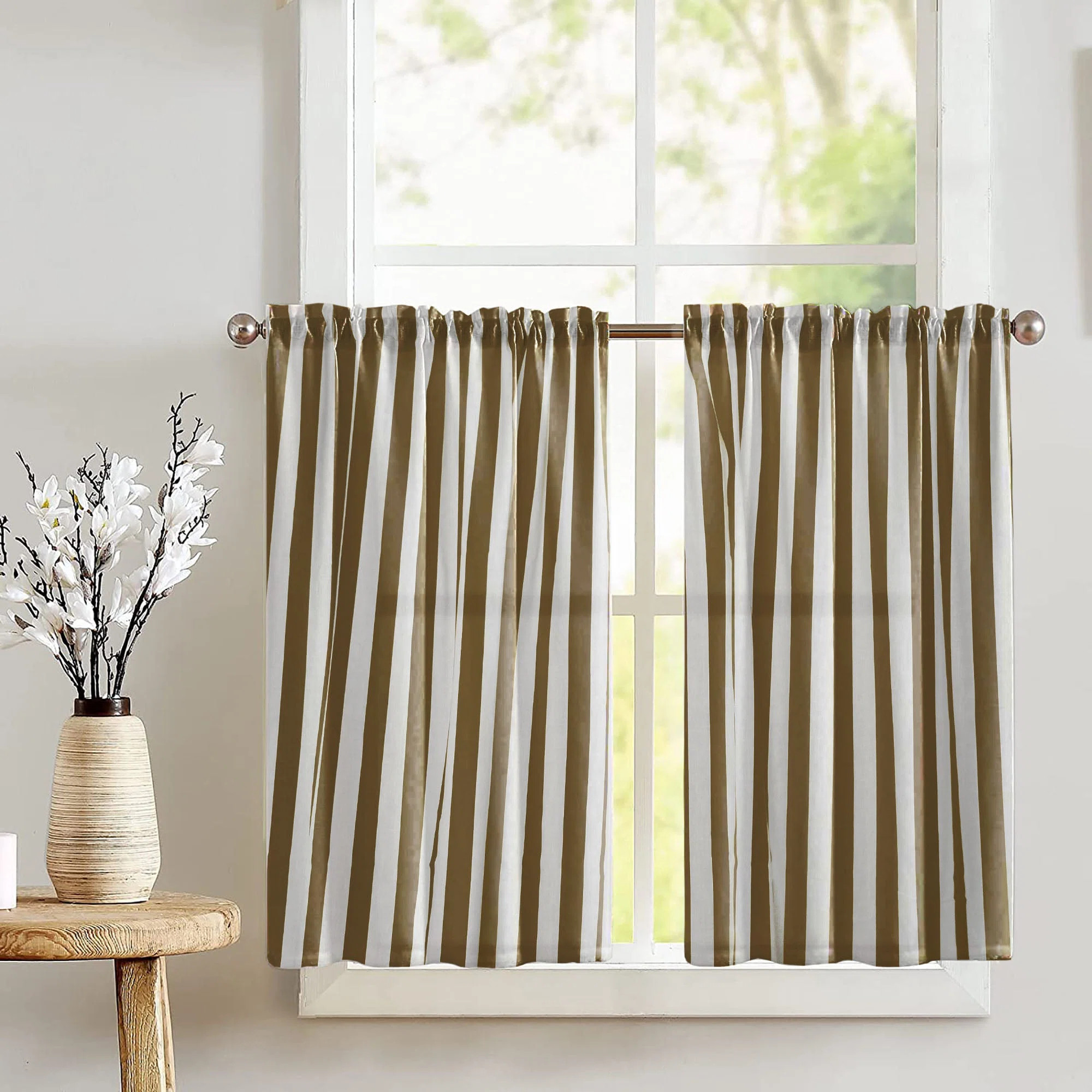 Striped Cotton Blend Tailored 27'' W Cafe Curtain | Wayfair North America