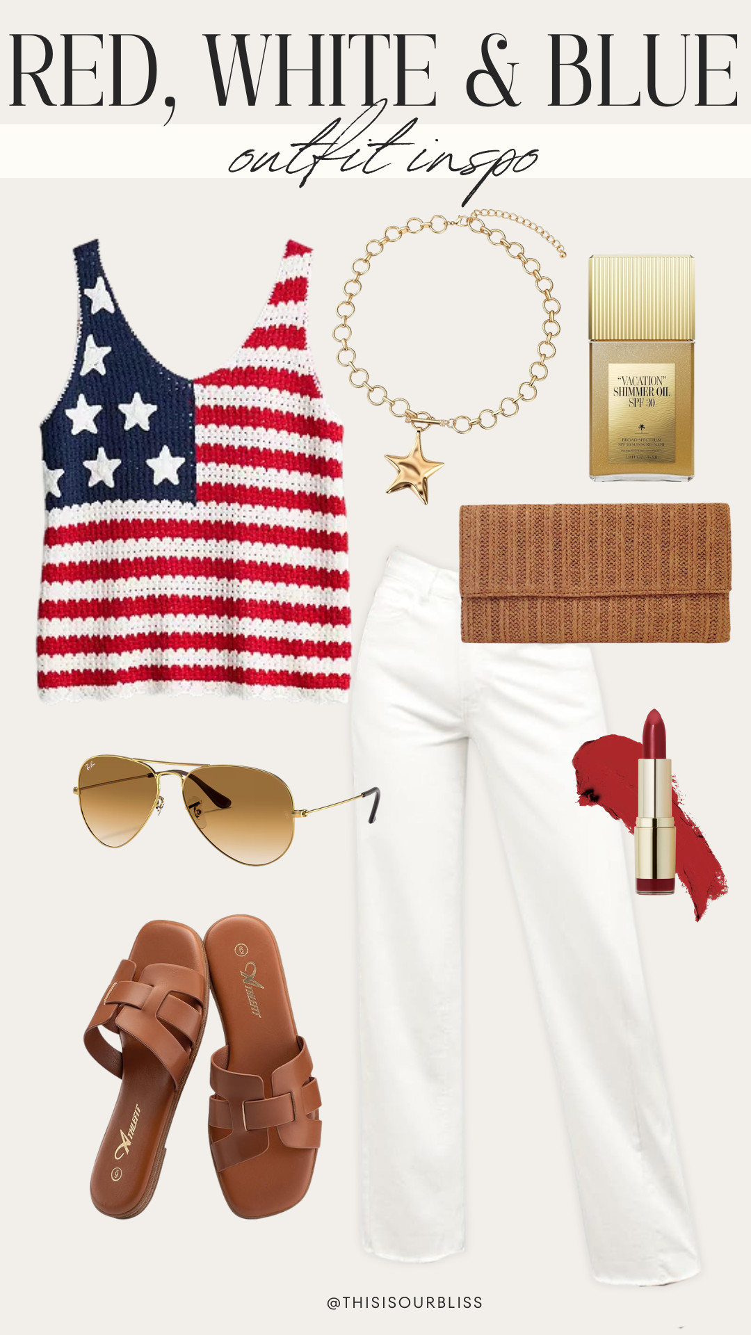 The kind of outfit that works from Memorial Day to late summer nights 🇺🇸☀️ Obsessed with this flag sweater tank, crisp white denim, and statement brown sandals that can be styled with so many outfits this summer! #MemorialDayOutfit #PatrioticStyle #USAOutfit #SummerOutfit 

 #LTKootd #LTKSeasonal #LTKSaleAlert