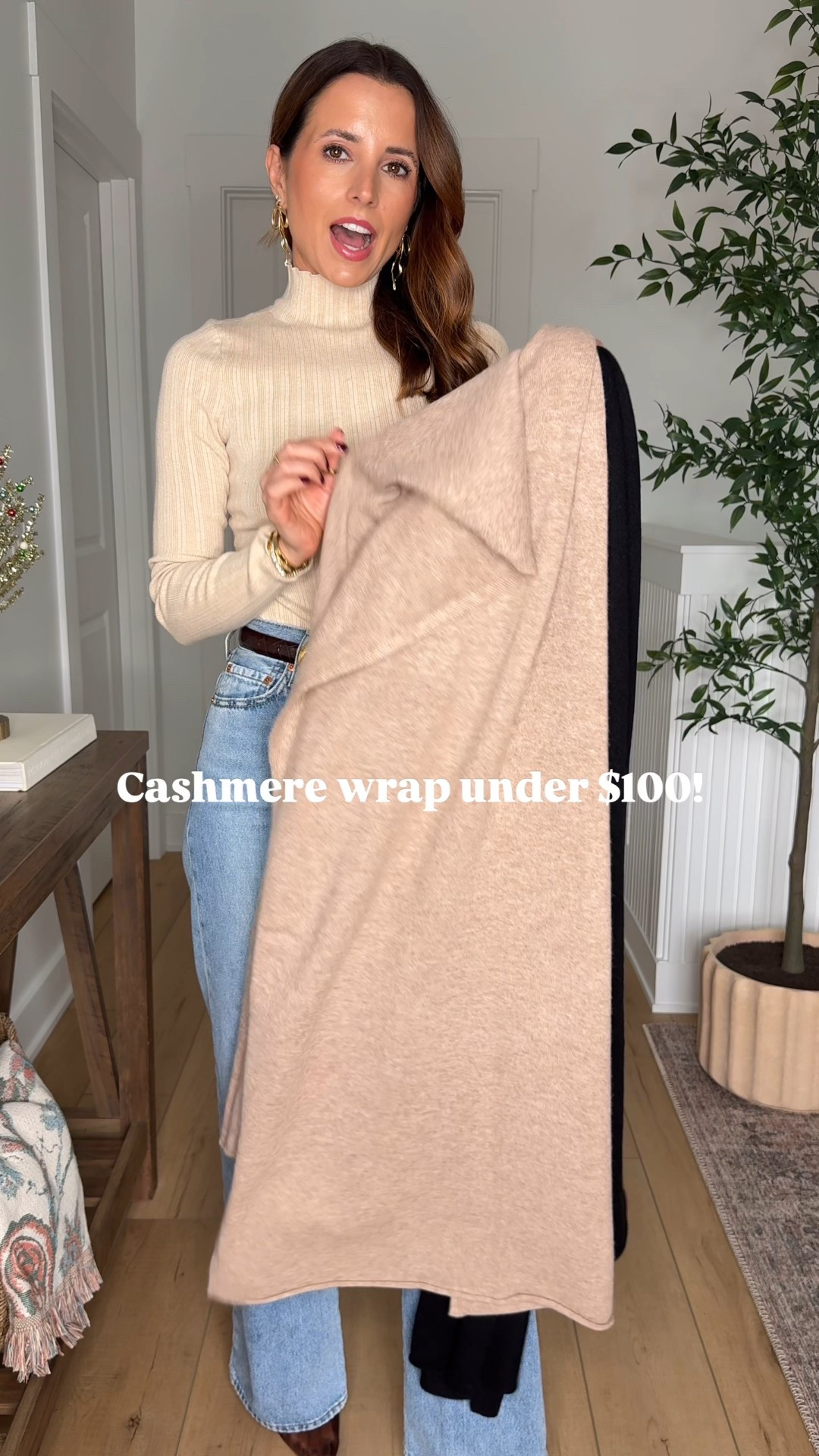 Gift idea under $100! I love these cashmere wraps!! Giving one to my mom, too! Colors black and oatme. Quince bodysuit in XS. Levi rib cage wide leg jeans in sz 24, 32” inseam. Madewell belt in XXS. Steve Madden mesh heels - I went up half a size. Elevated casual. Dinner outfit. Winter style. Neutral outfit. 

#LTKGiftGuide #LTKHoliday #LTKPetite