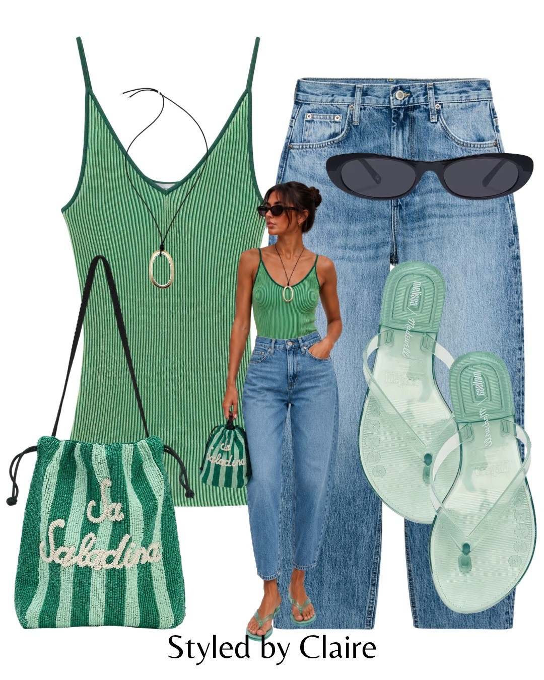 COOL GIRL STYLING🧚🏼
Tags: rib knit camisole top other stories turquoise tapered Zara jeans summer wash denim beaded bag green jelly sandals massimo dutti necklace revolve black sunglasses cat eye fashion inspo city break ideas ootd trending

#LTKsummer #LTKstyletip #LTKshoes