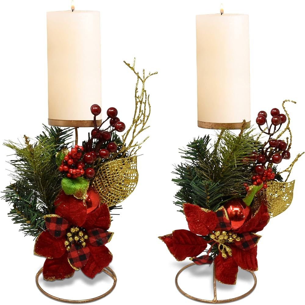 Gift Boutique Christmas Table Centerpieces Candle Holder Set of 2 Gold Metal Pillar Candles Red B... | Amazon (US)