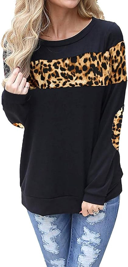 Hount Women's Casual Long Sleeve Color Block Shirt Crew Neck Pullover Sweatshirt Top with Elbow P... | Amazon (US)