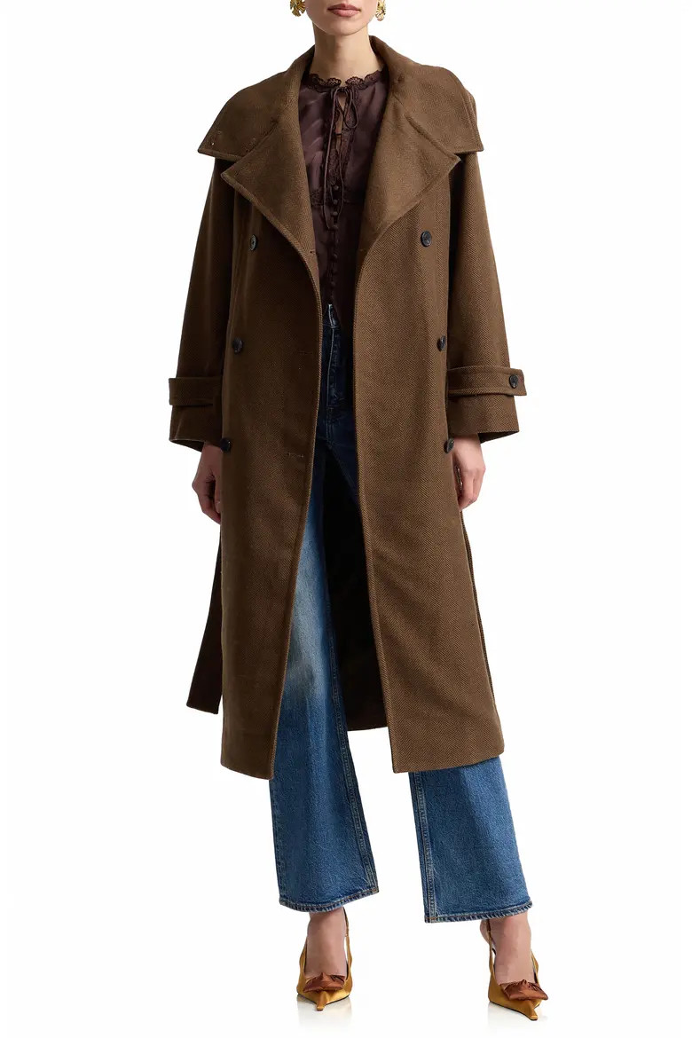 Belted Funnel Neck Herringbone Trench Coat (Women) | Nordstrom | Nordstrom