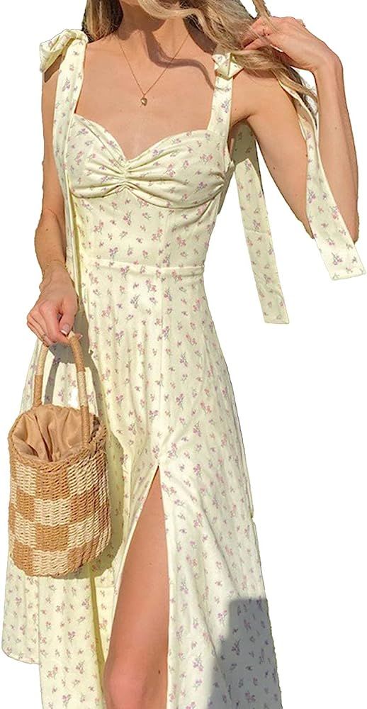 Summer Boho Maxi Dress for Women Cottagecore Dress Wrap Floral Print with Pockets Casual Vintage Tie | Amazon (US)