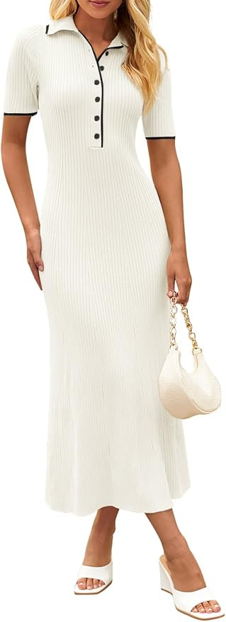 MEROKEETY Women's V Neck Ribbed Knit Maxi Dress Button Short Sleeve Slim Fit Bodycon Sweater Dres... | Amazon (US)