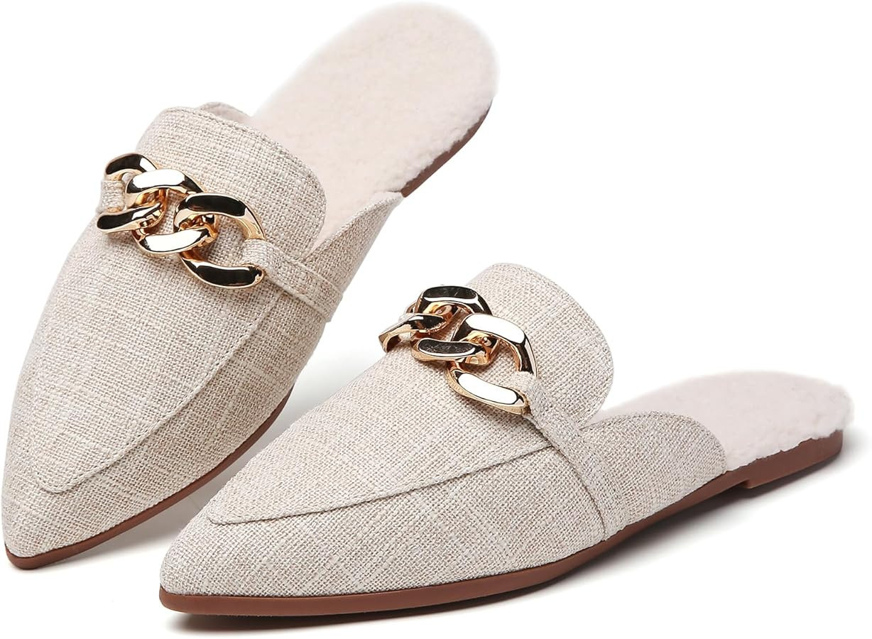 Metal Chain Decor Flat Mules for Women Closed Pointed Toe Slip on Loafers Slides Backless Mules S... | Amazon (US)