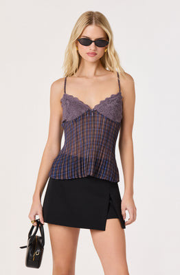 ASTR the Label | Haleigh Plaid Mesh Top in Blue plaid multi |  Size S | ASTR The Label (US)