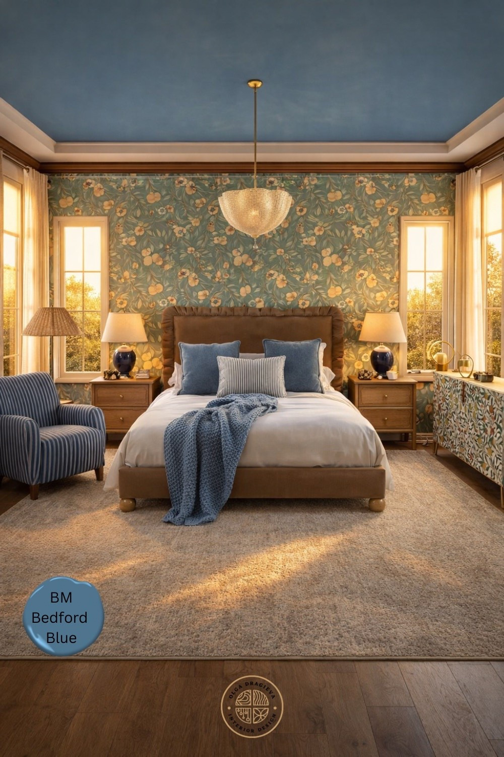 What do you think about this maximalist bedroom? This is a photorealistic rendering. I love the gorgeous queen bed from Lulu & Georgia, beautiful sideboard, floral wallpaper, neutral rug, striped accent chair and rattan lighting. #bedroomdesign #homedecor 

#LTKStyleTip #LTKSeasonal #LTKHome