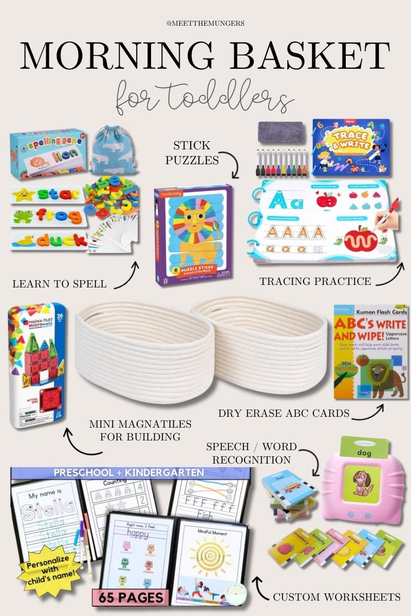 🧺 MORNING BASKET FAVORITES for toddlers! This is one of our favorite parts of the day — a calm, screen-free start with activities that build focus, early learning, and fine motor skills. Here’s what’s currently in our toddler morning basket:

✏️ Custom name tracing worksheets
🧩 Stick puzzles + spelling games
🔤 Dry erase ABC cards
📚 Speech/word recognition flash cards
🔠 Tracing books + mini magnatiles for hands-on learning

We rotate these for fun, quick learning time at home that feels more like play. Perfect for 2–5 year olds! 🧠✨
Tap to shop our exact morning basket finds!

#ToddlerMorningBasket #LTKkids #EarlyLearning #ToddlerActivities #HomeschoolPreschool #MontessoriAtHome #ScreenFreeActivities #LearningThroughPlay #PreschoolPrep #MomHacks 





#LTKFamily #LTKBaby #LTKKids

#LTKKids #LTKFamily #LTKBaby