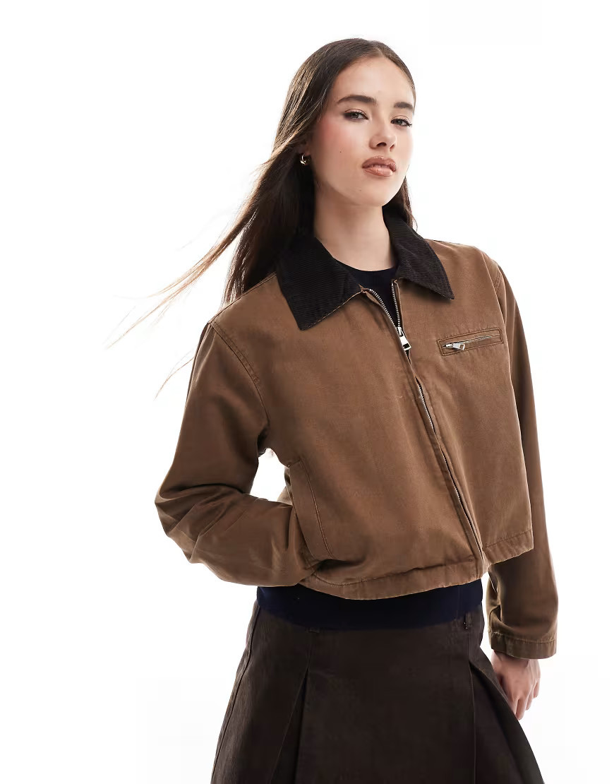 ONLY cropped barn jacket with corduroy collar in brown-Neutral | ASOS (Global)